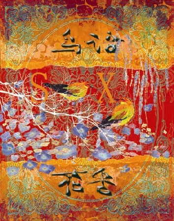 Bird singing with flowers - oriental
